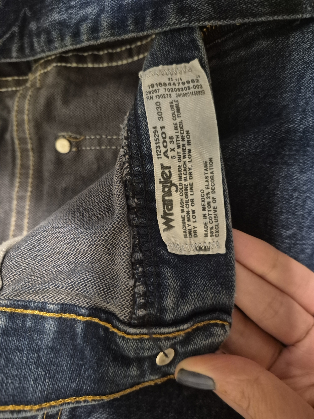 Wrangler Indigo Blue Denim Jeans with Gold Stitching. Bootcut Dark Rodeo Jeans